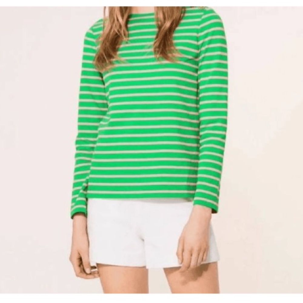 Tory Burch green pink logo striped cotton top women’s small